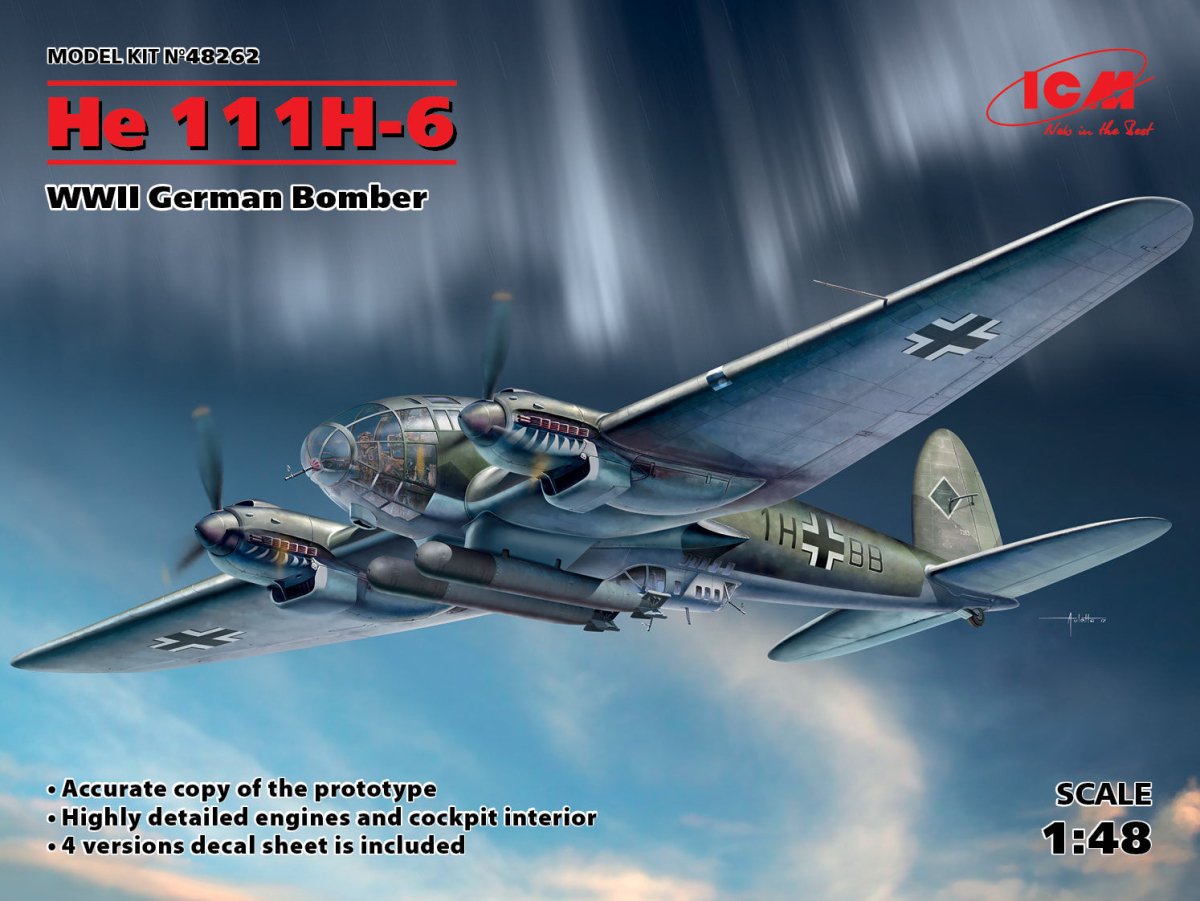 ICM 1:48 He 111H-6 WWII German bomber kit, box art with title and kit notes