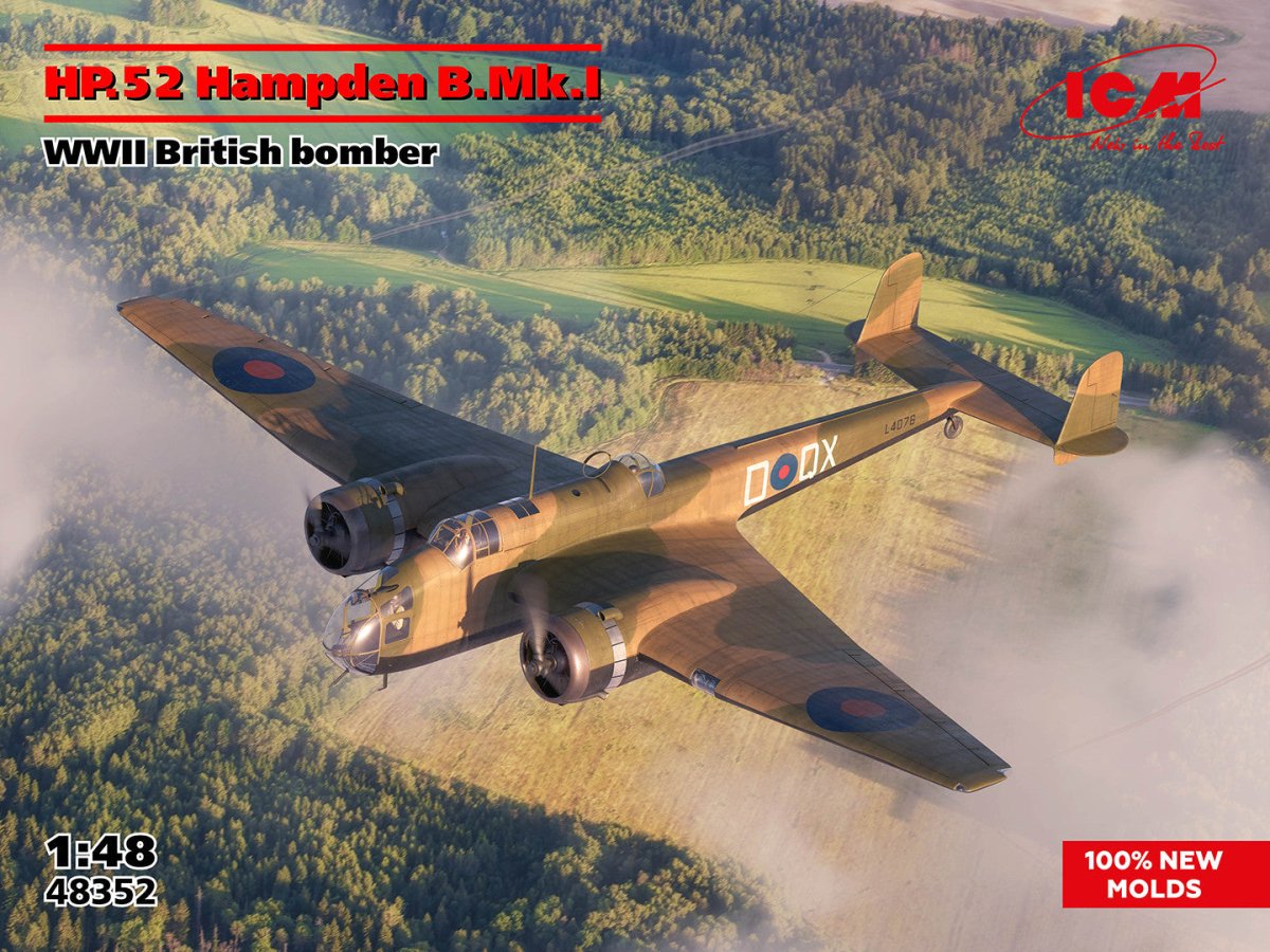 ICM 1:48 HP.52 Hampden B.Mk.I kit, box art with title and new moulds badge