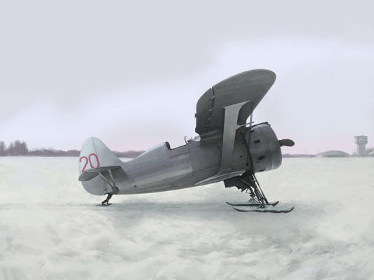 ICM 1/48 I-153 Winter Version kit box art showing the grey Soviet biplane on skis in the snow