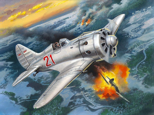 ICM 1/48 I-16 Type 24 Soviet fighter kit box art showing the silver plane number 21 in a dogfight