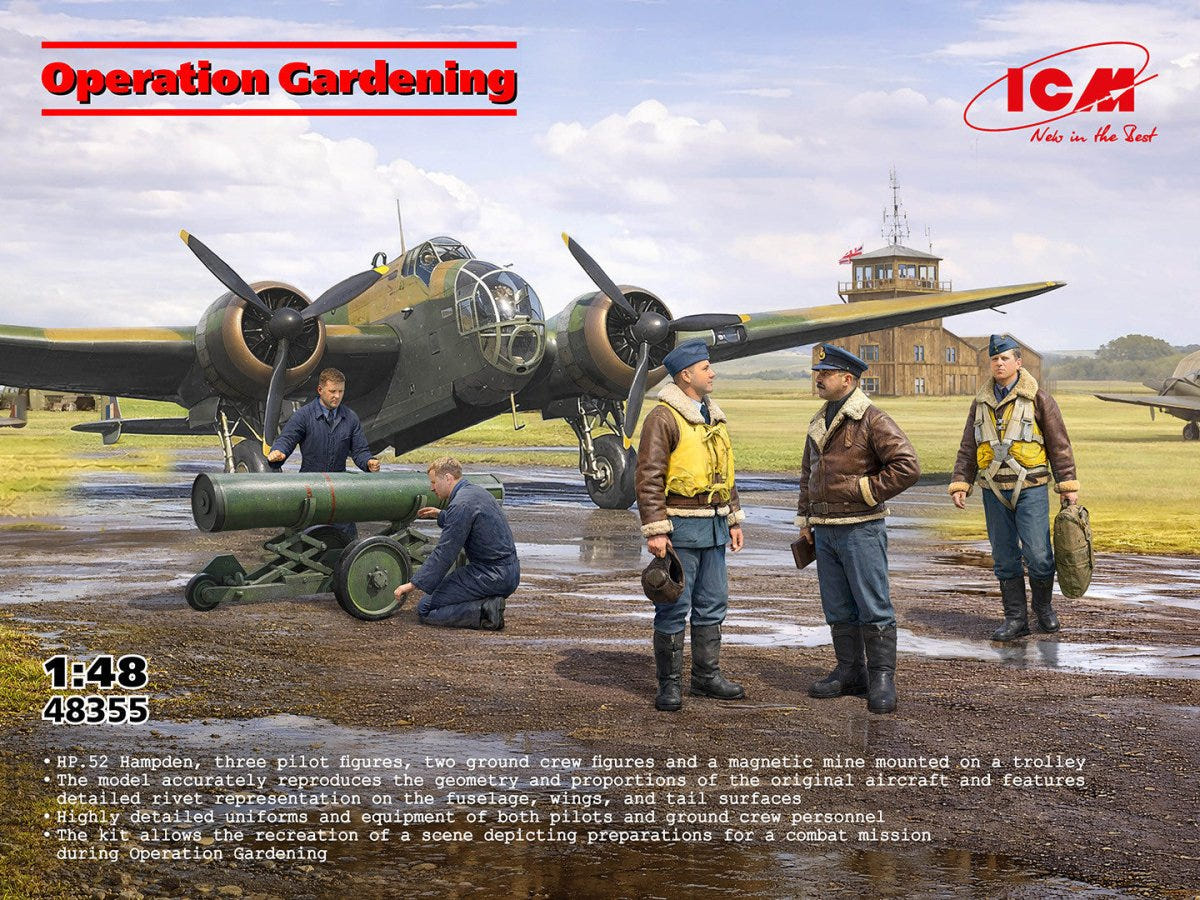 ICM 1:48 ‘Operation Gardening’ HP.52 Hampden Mine Layer & 5 Figures - ICM48355
