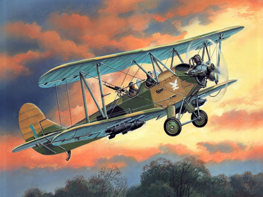 ICM 1/48 U-2/Po-2VS Soviet night light bomber kit box art showing the biplane at sunset