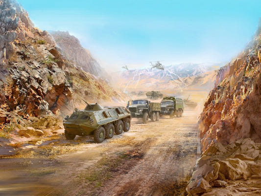 ICM 1:72 Afghan Motorcade (1979-1989) URAL-375D / URAL-375A / ATZ-5-375 / BTR-60PB (Set of 4) - ICMDS7201