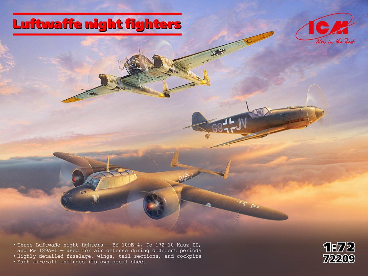 ICM 1:72 Set of 3 Luftwaffe Night Fighters (Bf 109E-4 / Do 172-10 Kauz II / Fw 189A-1) - ICM72209
