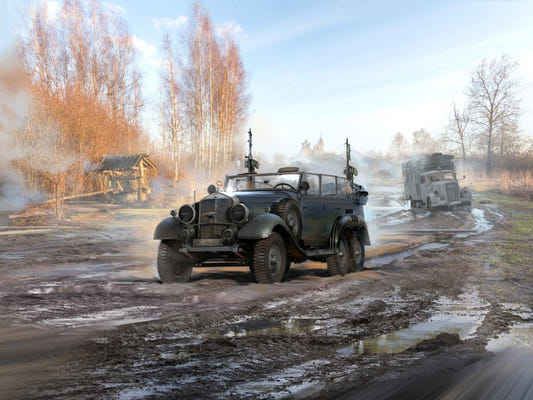 ICM 1/72 Type G4 Partisanenwagen with MG 34 box art showing the open staff car on a muddy road