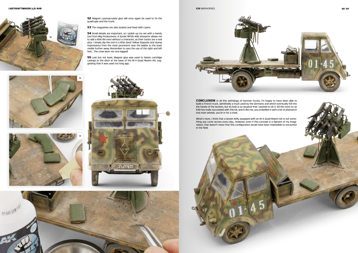Warhorses spread showing camouflage painting of WWII trucks carrying anti-aircraft guns