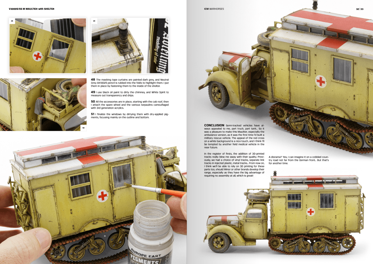 ICM Warhorses book spread showing painted WWII ambulance trucks with red cross markings