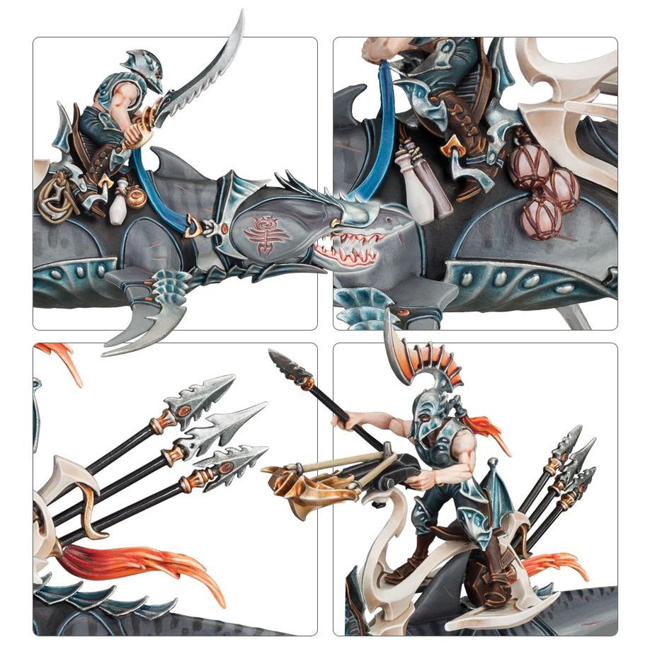 Close-ups of the Akhelian Allopex riders, the shark's jagged teeth and the harpoon bolts