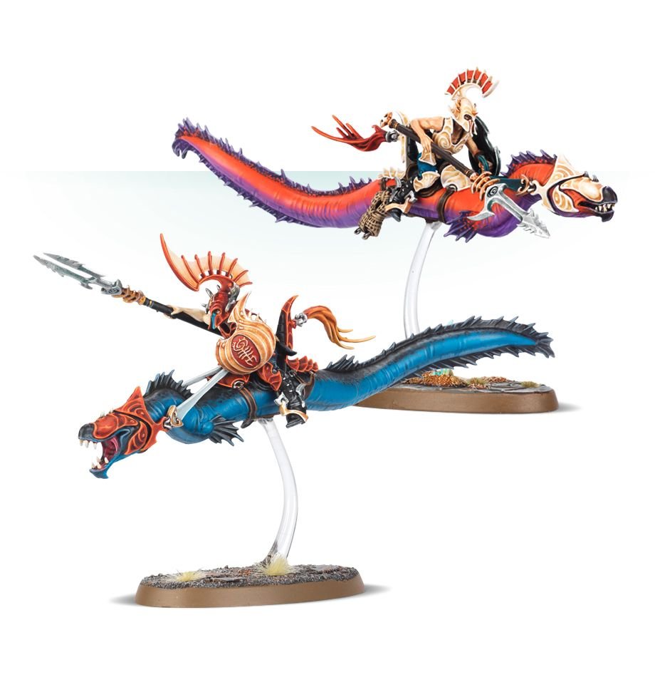 Two Idoneth Deepkin Morrsarr Guard painted with bright red, blue and orange Fangmora Eels