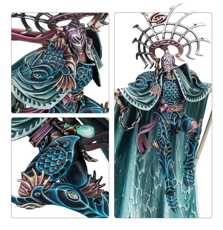 Close-up panels of the Eidolon of Mathlann's crested helm, scaled armour and robes