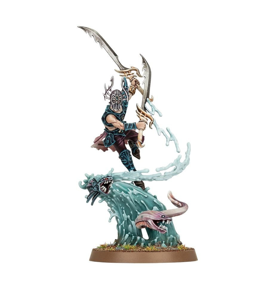 Painted Idoneth Deepkin Ikon of the Sea in helmeted build, surging from a wave with an eel