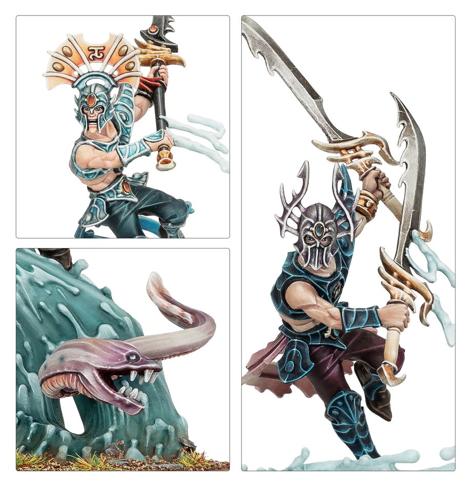 Close-ups of painted Ikon of the Sea: headdress, eel emerging from the wave and curved blade