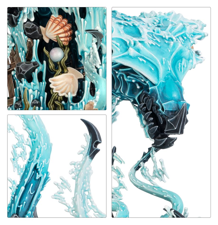Close-ups of the Idoneth Deepkin Manifestations detail: shells, pearl and a sweeping spectral blade