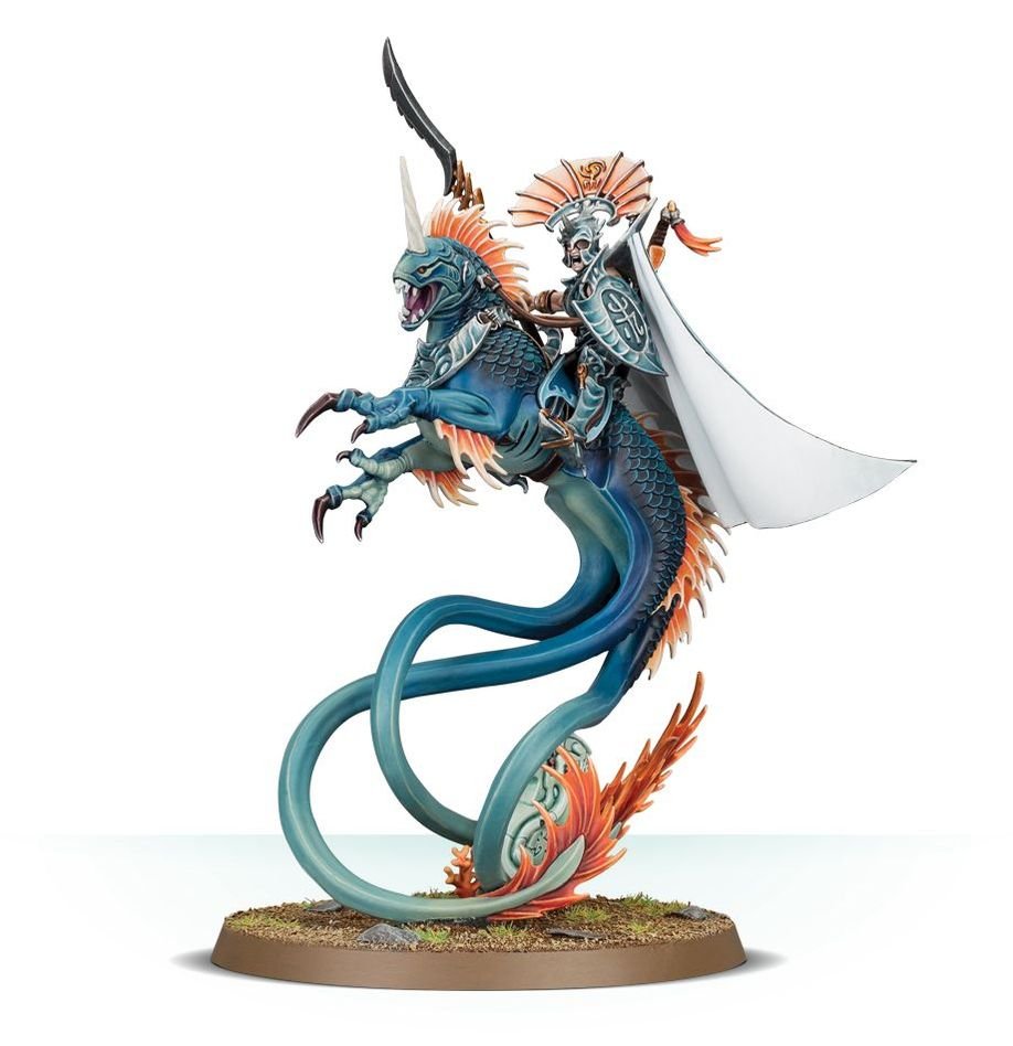 Painted Idoneth Deepkin Volturnos on Deepmare with teal scheme and white cloak, side view