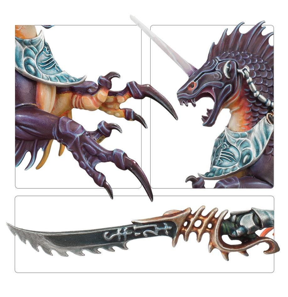 Close-ups of the Deepmare's claws and horned head and Volturnos's curved blade