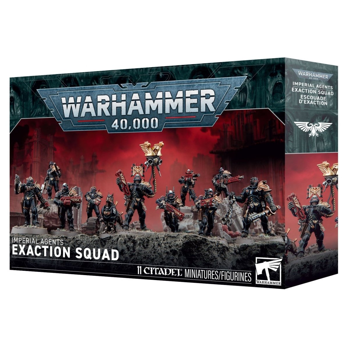 Warhammer 40,000 II City-State Miniatures Figures 'Exaction Squad' box set, featuring painted miniatures of space marine soldiers on a rocky terrain against a red and black sci-fi background.