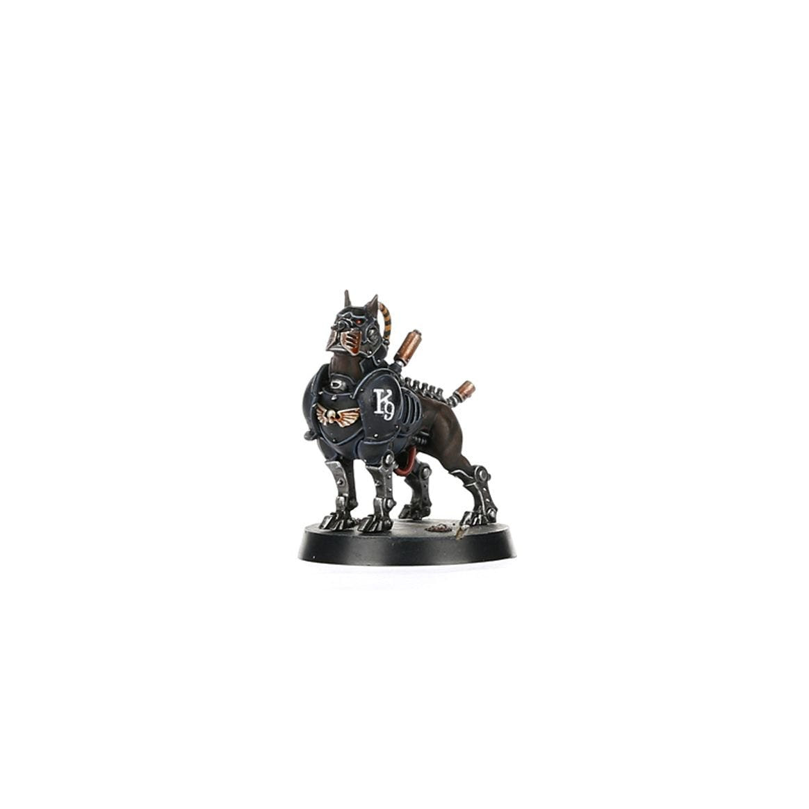 Painted Arbites cyber-mastiff in black and bronze on a round base
