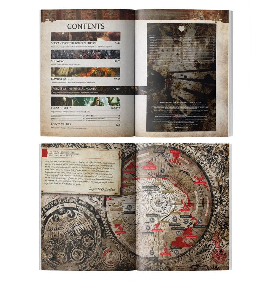 Codex: Imperial Agents inside pages with the contents list and an illustrated map spread