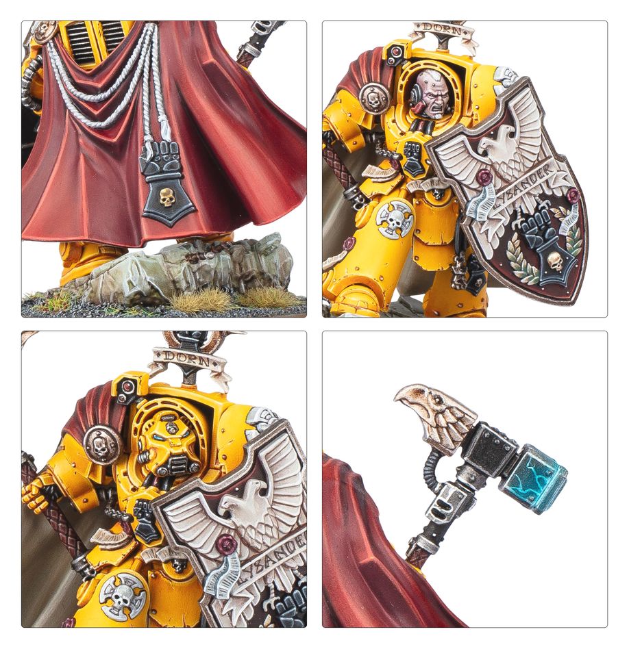 Close-ups of Darnath Lysander red cloak, storm shield, face and Fist of Dorn hammer