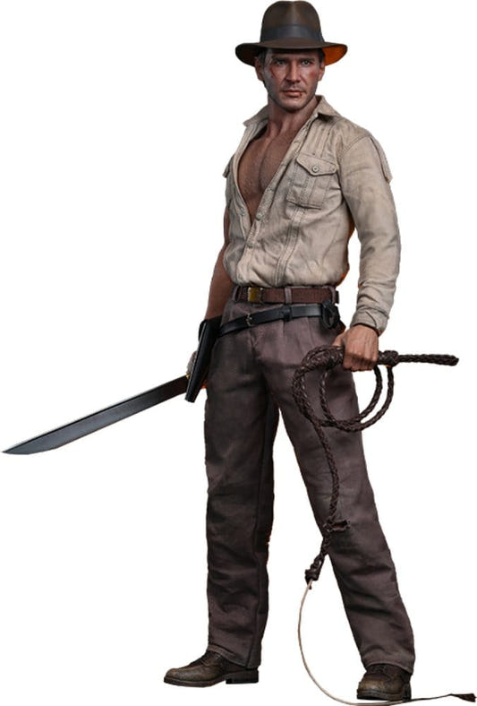 Hot Toys Indiana Jones 1/6 Temple of Doom figure with machete and whip on white background