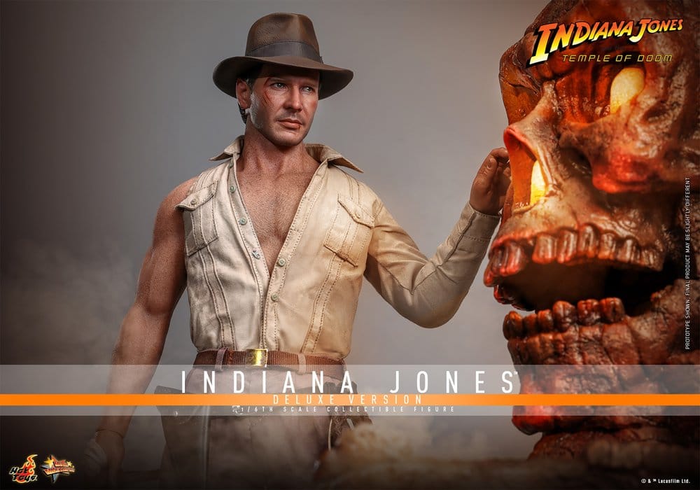 Hot Toys Indiana Jones Deluxe Version promo banner with figure beside glowing skull altar