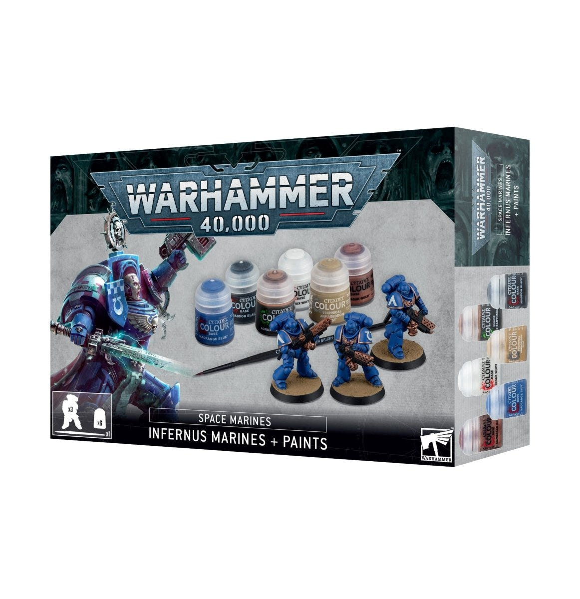 Games Workshop Infernus Space Marines and Paint Set box front with three Marines and paints