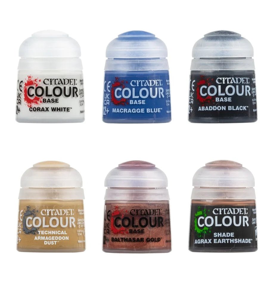 Six Citadel Colour paints in the Infernus set: Corax White, Macragge Blue, Abaddon Black and more