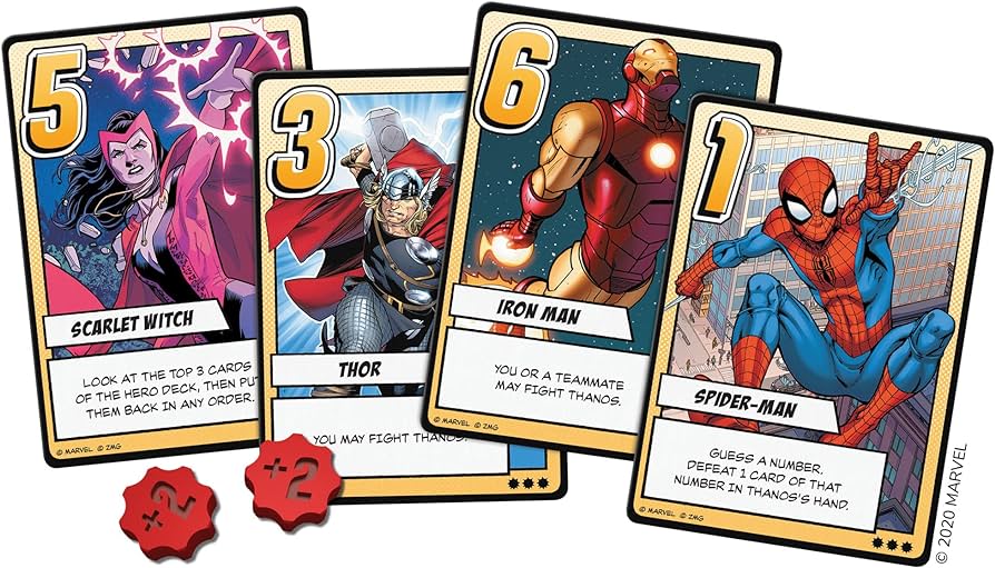 Infinity Gauntlet: A Love Letter Game hero cards: Scarlet Witch, Thor, Iron Man and Spider-Man