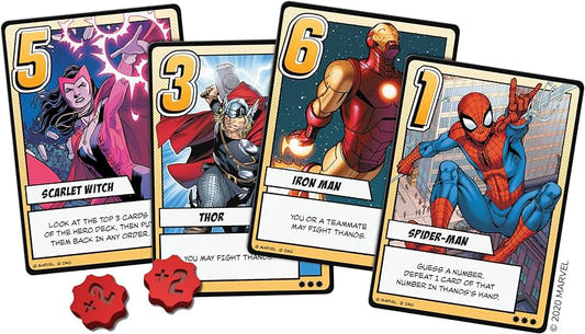Infinity Gauntlet: A Love Letter Game hero cards: Scarlet Witch, Thor, Iron Man and Spider-Man