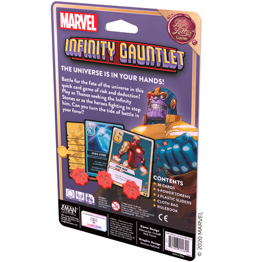 Back of the Infinity Gauntlet: A Love Letter Game box showing Thanos and contents