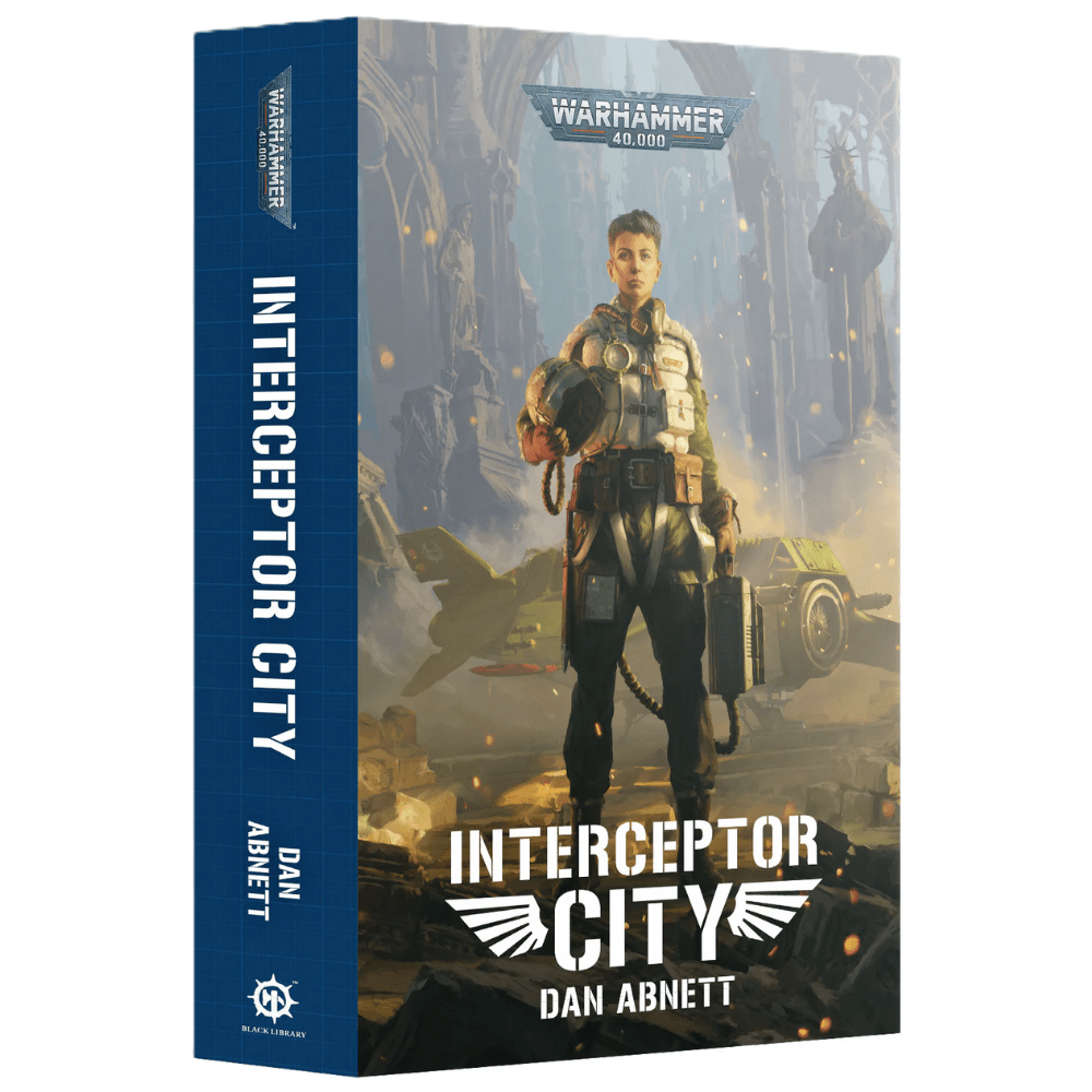 Interceptor City paperback by Dan Abnett, Warhammer 40,000 Black Library novel cover showing a pilot