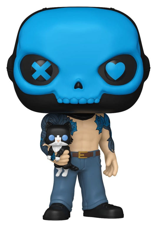 Funko Pop! Books figure in blue skull mask holding a small cat