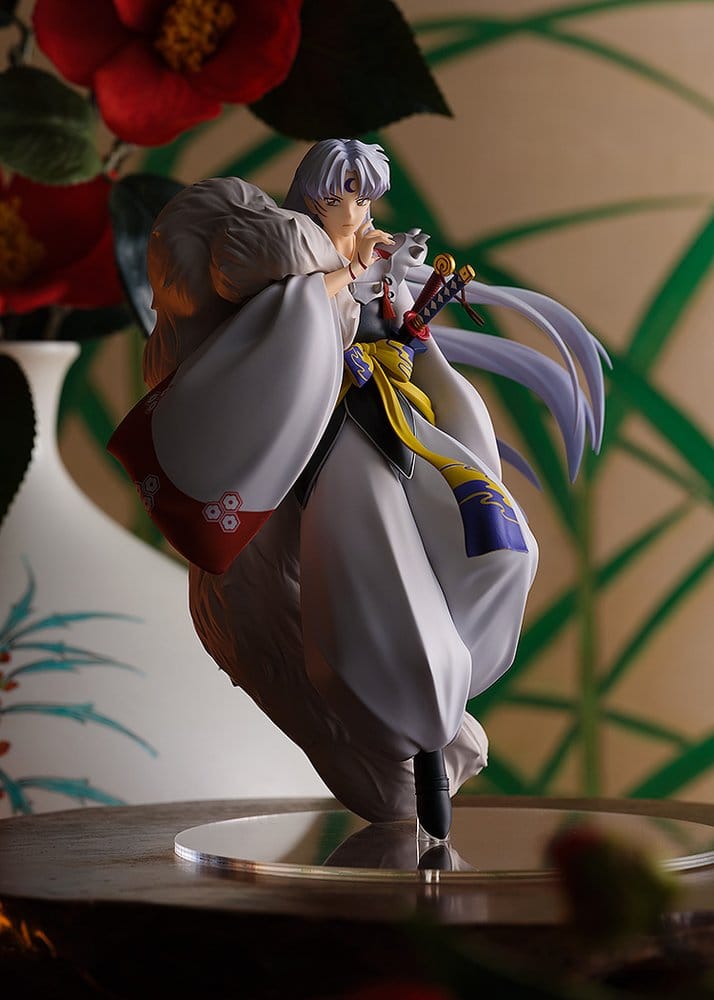 Inuyasha Pop Up Parade Sesshomaru figure on clear base, full view in front of red camellias