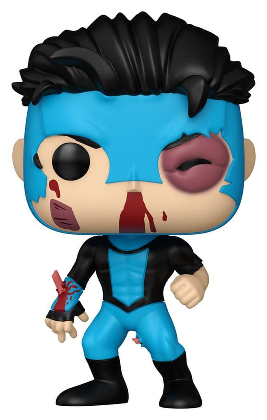 Funko Pop! Invincible vinyl figure in blue and black suit with battle damage and bruised eye