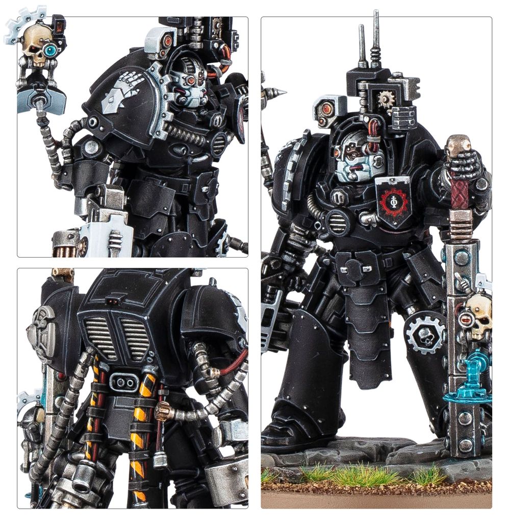 Caanok Var close-ups of the bionic face, power maul Axiom, backpack cabling and hazard-stripe details