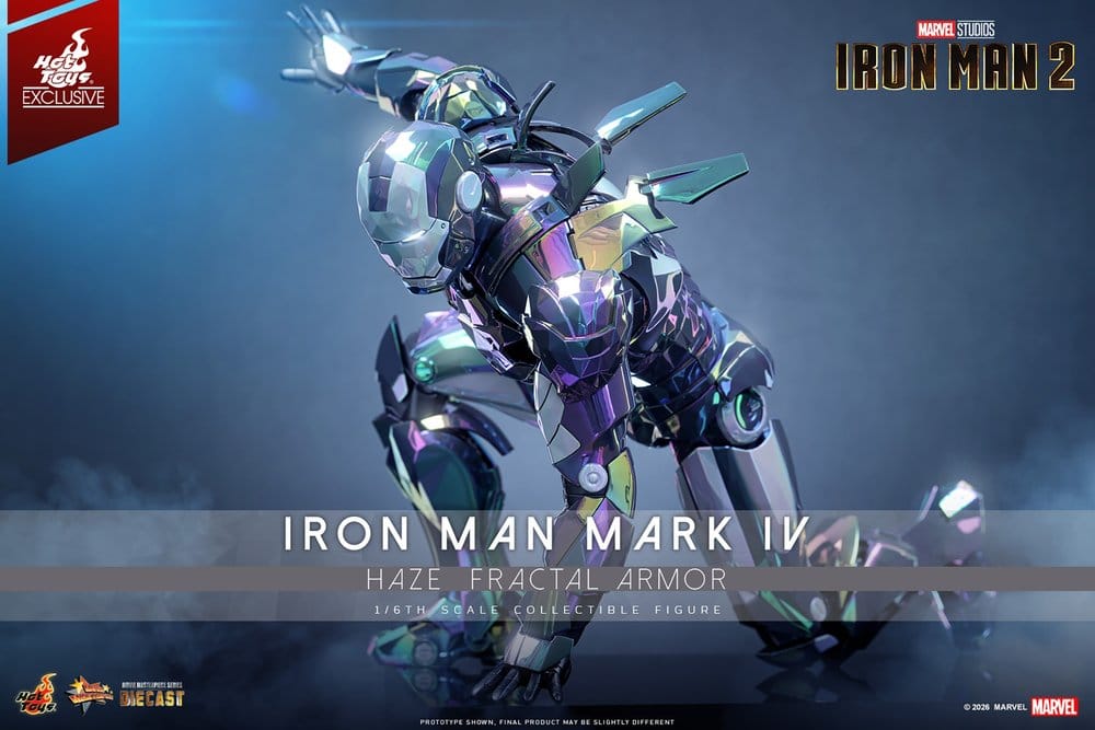 Hot Toys Iron Man Mark IV Haze Fractal Armor promo banner with figure in kneeling pose