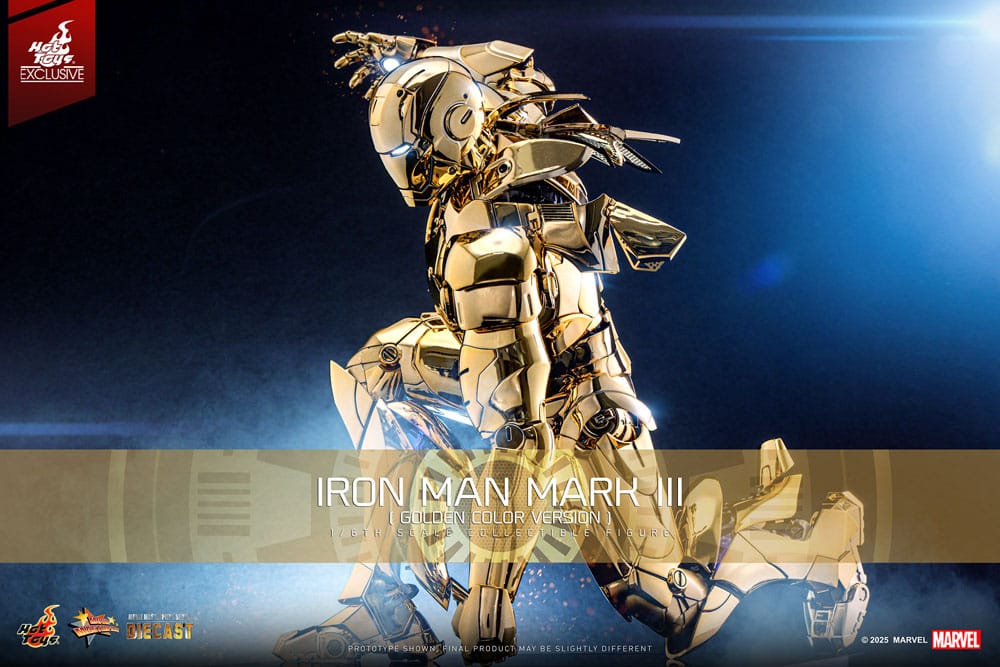 Hot Toys Iron Man Mark III Gold Color Version banner showing the gold armour with air flaps deployed