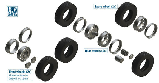 Italeri 1:24 European Tractors Tyres and Rims set, exploded view of tyres, rims and hubs