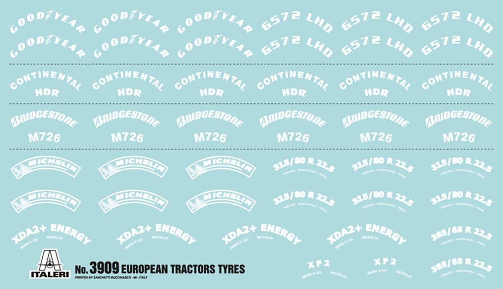 Italeri 1:24 European Tractors Tyres and Rims set, tyre sidewall lettering decal sheet