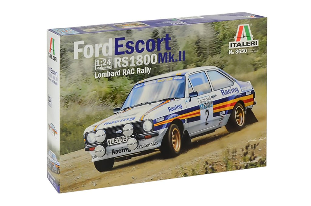 Italeri 1:24 Ford Escort RS1800 Mk.II Lombard RAC Rally kit, box front and side view