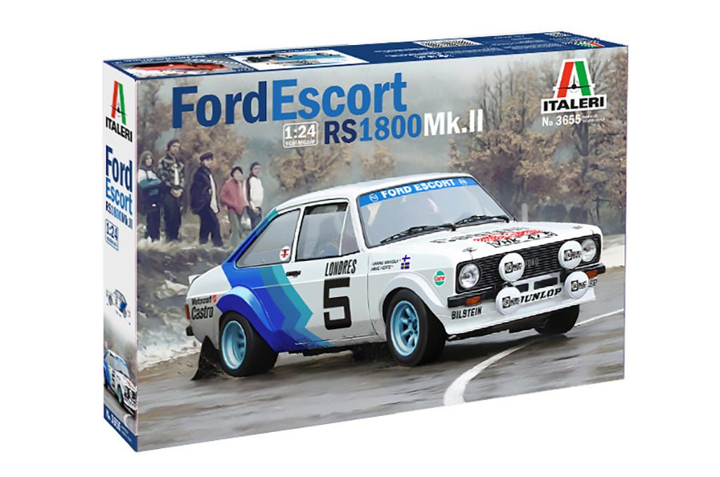 Italeri 1:24 Ford Escort RS1800 Mk.II Rally kit, box front and side view