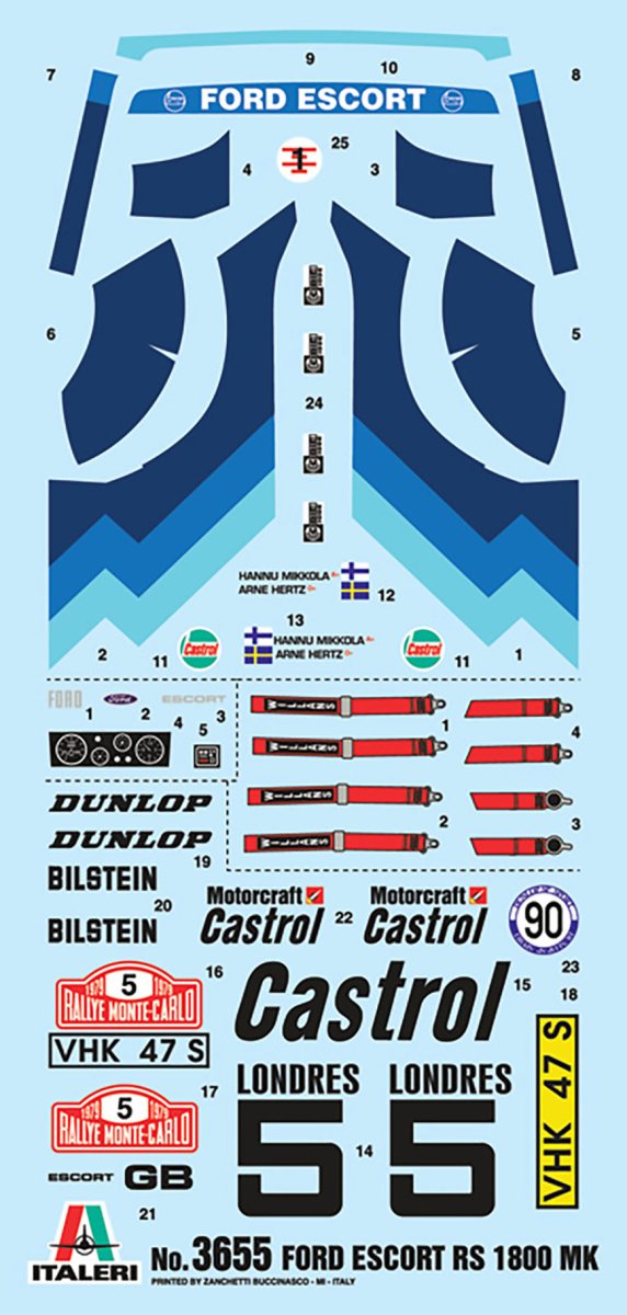 Italeri 1:24 Ford Escort RS1800 Mk.II Rally kit, decal sheet with Castrol and Dunlop livery