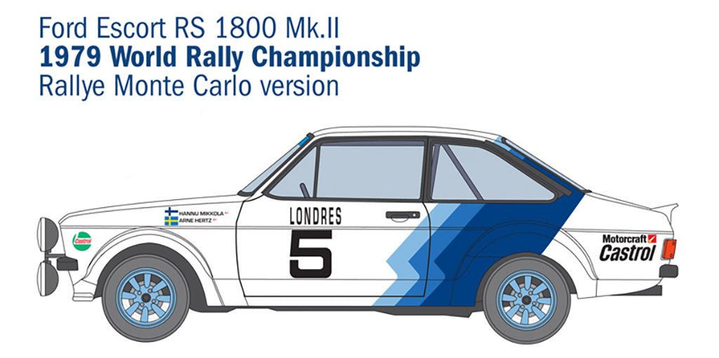 Italeri 1:24 Ford Escort RS1800 Mk.II Rally kit, 1979 Rallye Monte Carlo livery side profile