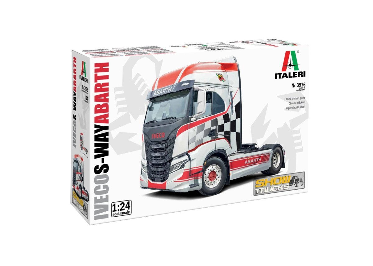 Italeri 1:24 Iveco S-Way Abarth truck kit, box front and side view