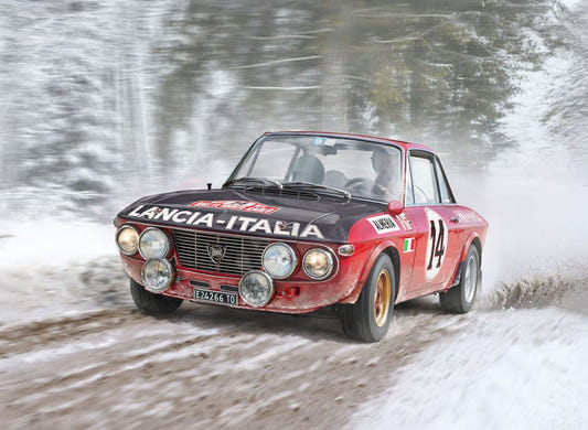 Italeri 1:24 Lancia Fulvia HF Rally Monte Carlo 1972 kit, artwork of rally car on snowy stage
