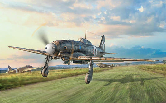 Italeri 1/32 Macchi MC.205 Veltro aircraft kit, box artwork of the fighter taking off from a grass field