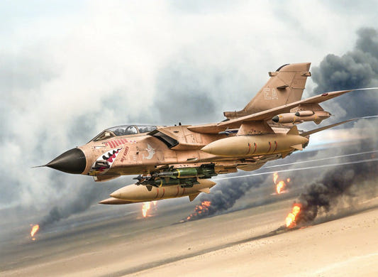 Italeri 1/32 Tornado GR.1 Desert Storm kit, box artwork of the jet in desert camouflage over burning oil fields