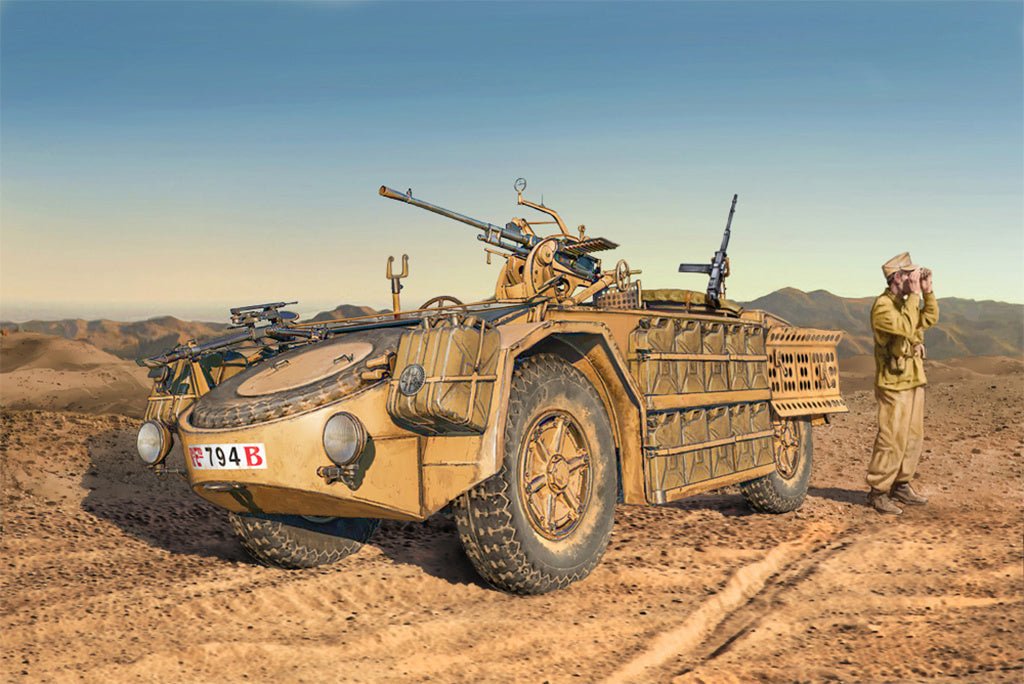 Italeri 1/35 AS 42 Sahariana box art showing the desert patrol vehicle with gunners in the sand