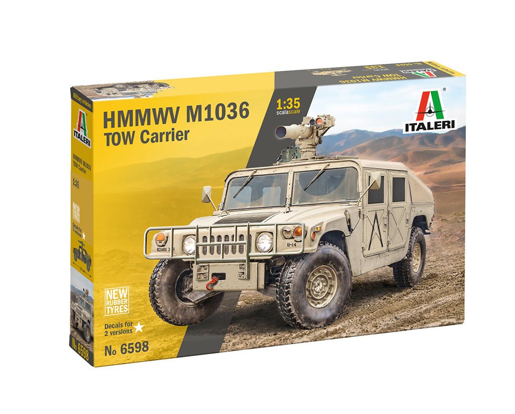 Italeri 1/35 HMMWV TOW Carrier kit, front of the box showing the desert-tan Humvee