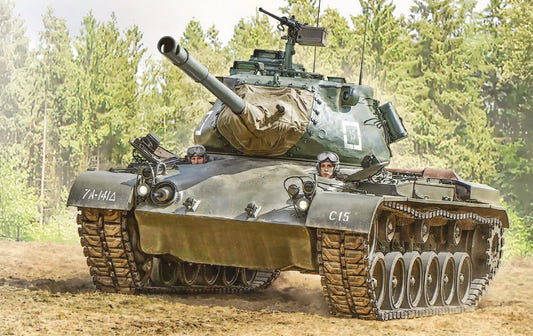 Italeri 1/35 M47 Patton tank kit, box artwork of the green tank driving through woodland